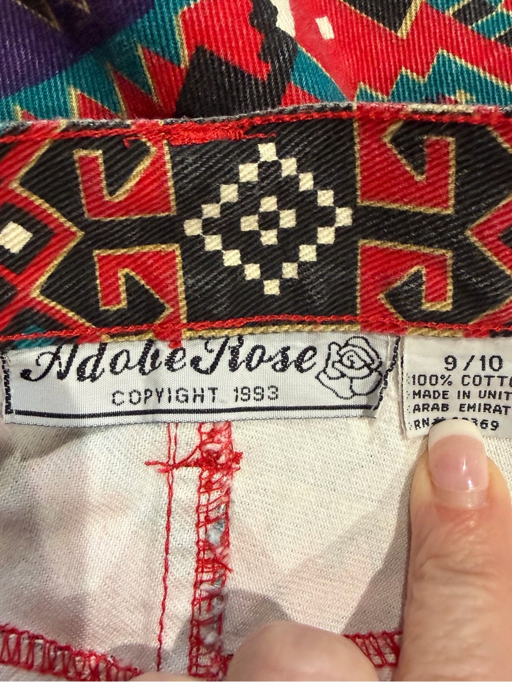 Vintage 90s Adobe Rose Skirt Sz 9/10 Red Southwestern Aztec Denim Pencil Fringe - Picture 7 of 7